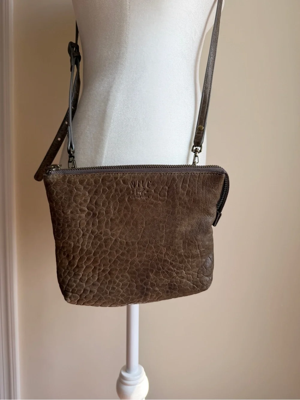 Will Leather Goods Mini Crossbody Pebble Leather Elephant Taupe Purse